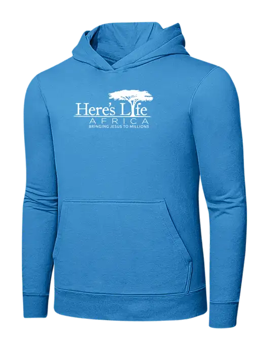 Light Aqua Blue 7.8 oz Ring Spun Hooded Sweatshirt w/Here's Life Africa Logo