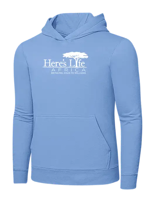 Light Blue 7.8. oz Ring Spun Hooded Sweatshirt w/Here's Life Africa Logo