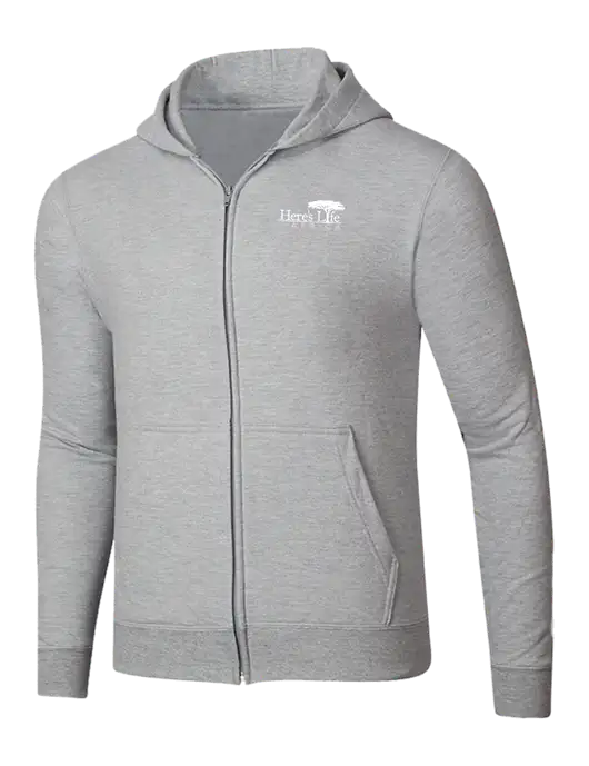 Light Grey Heather 8.5 oz Ring Spun Zip Hooded Sweatshirt w/Here's Life Africa Logo