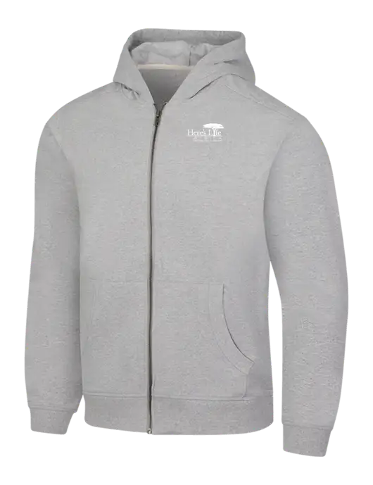 Light Grey Heather Re-Fleece Full-Zip Hoodie w/Here's Life Africa Logo