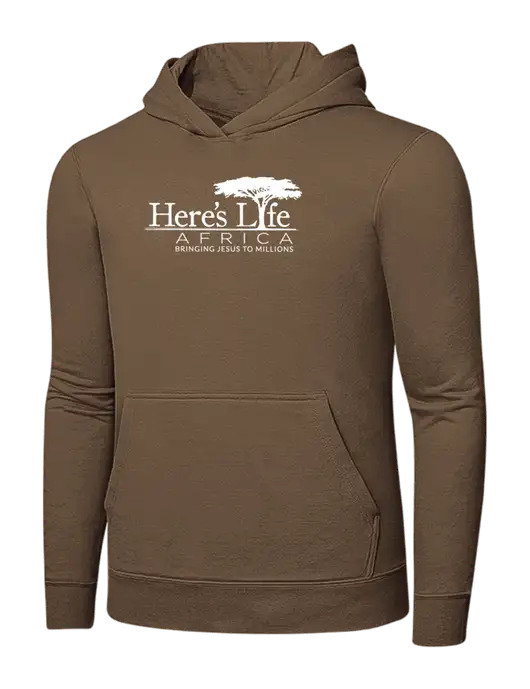 Medium Brown 7.8 oz Ring Spun Hooded Sweatshirt w/Here's Life Africa Logo