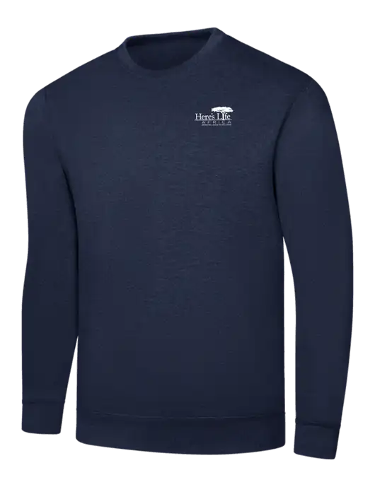 Navy 7.8 oz Ring Spun Crew Sweatshirt w/Here's Life Africa Logo
