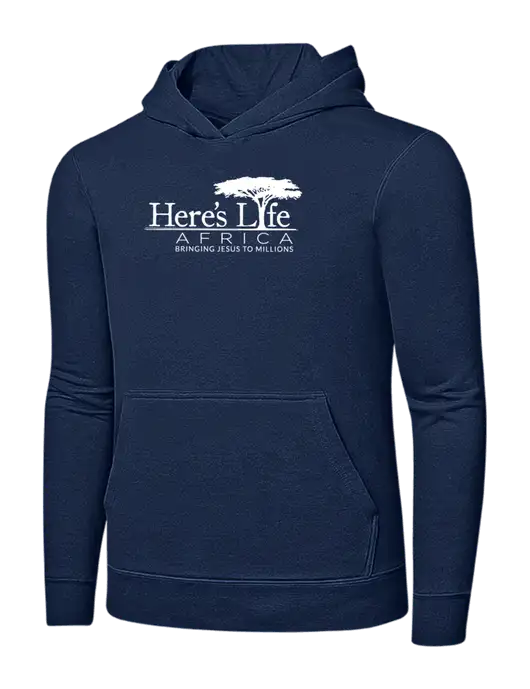 Navy 7.8 oz Ring Spun Hooded Sweatshirt w/Here's Life Africa Logo