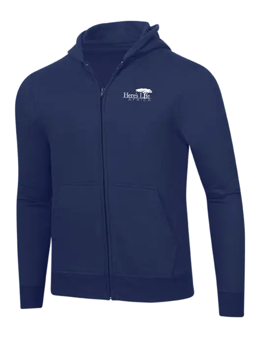 Navy 8.5 oz Ring Spun Zip Hooded Sweatshirt w/Here's Life Africa Logo