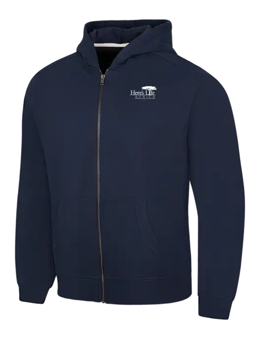 Navy Re-Fleece Full-Zip Hoodie w/Here's Life Africa Logo