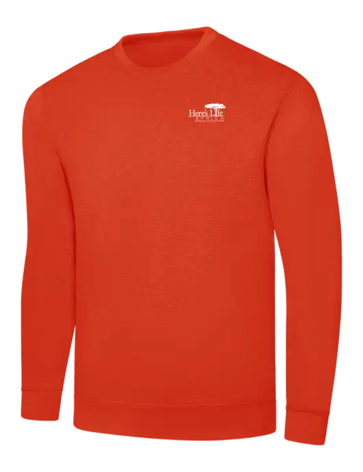 Orange 7.8 oz Ring Spun Crew Sweatshirt w/Here's Life Africa Logo