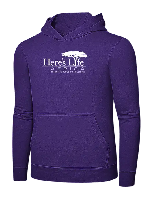 Purple 7.8 oz Ring Spun Hooded Sweatshirt w/Here's Life Africa Logo