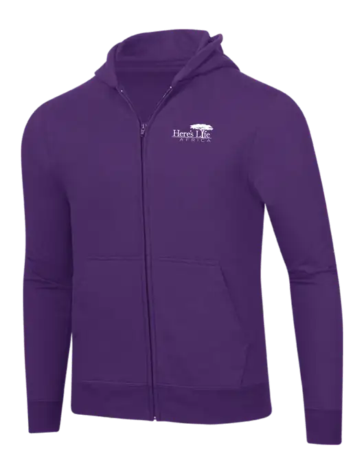 Purple 8.5 oz Ring Spun Zip Hooded Sweatshirt w/Here's Life Africa Logo