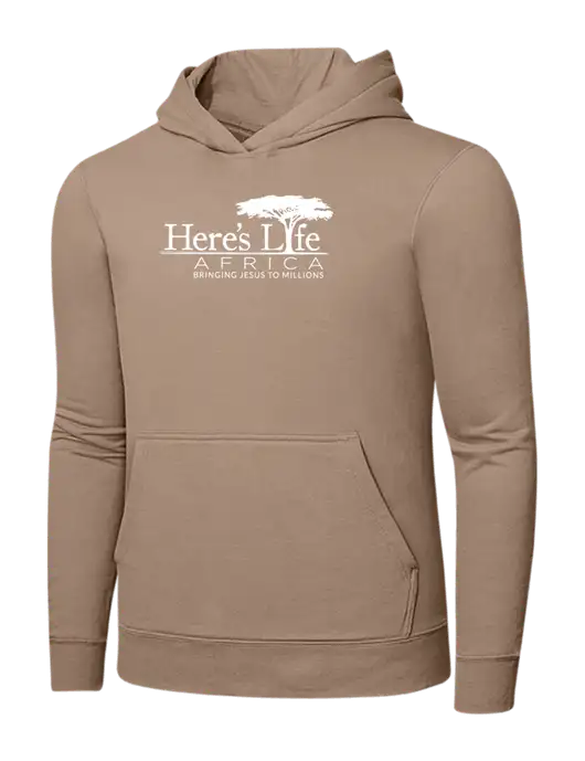 Sand 7.8. oz Ring Spun Hooded Sweatshirt w/Here's Life Africa Logo