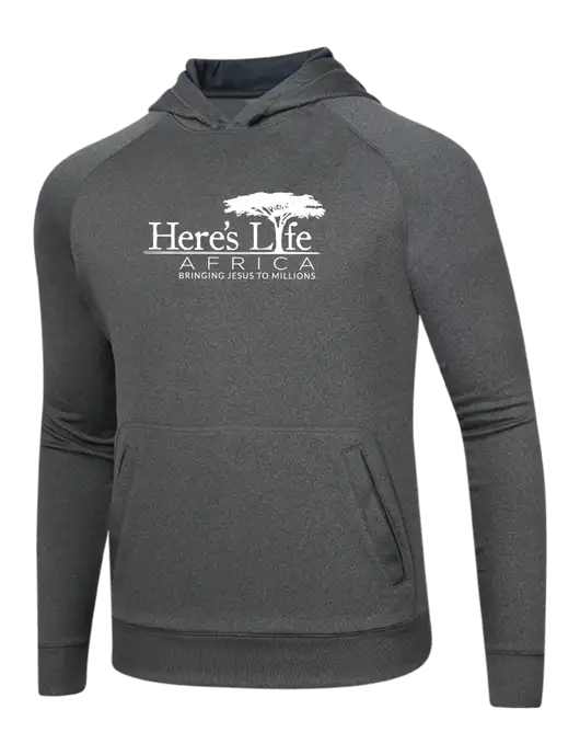 Tech Graphite Heather Fleece Hooded Sweatshirt w/Here's Life Africa Logo