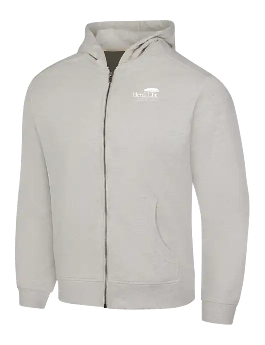 Very Light Grey Heather Re-Fleece Full-Zip Hoodie w/Here's Life Africa Logo