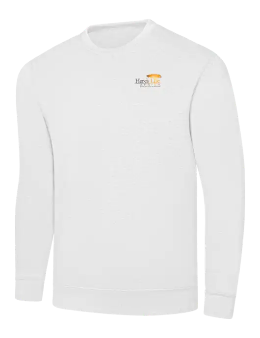 White 7.8 oz Ring Spun Crew Sweatshirt w/Here's Life Africa Logo