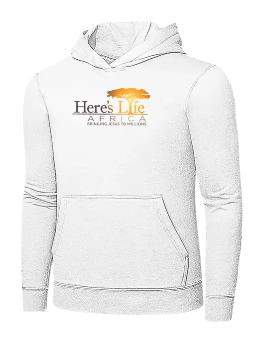 White 7.8 oz Ring Spun Hooded Sweatshirt w/Here's Life Africa Logo