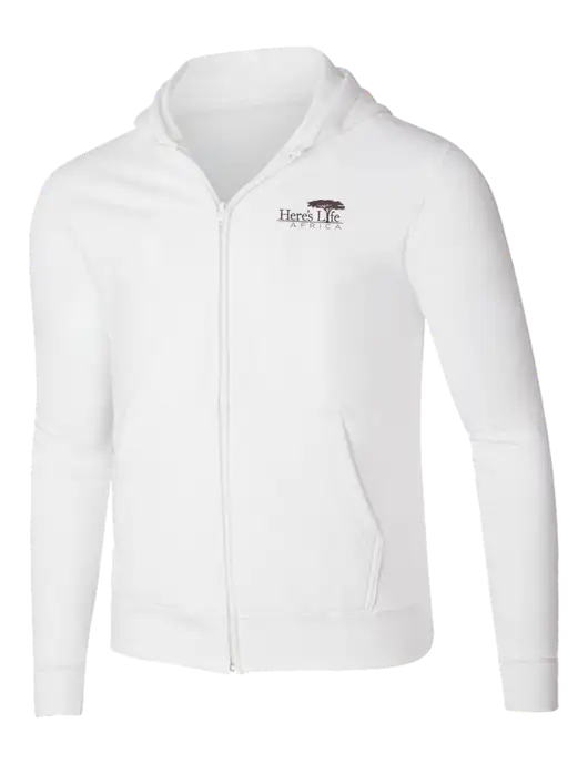 White 8.5 oz Ring Spun Zip Hooded Sweatshirt w/Here's Life Africa Logo