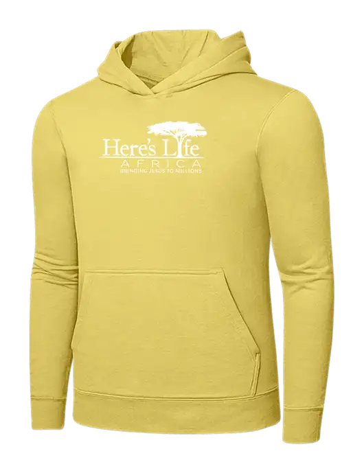 Yellow 7.8. oz Ring Spun Hooded Sweatshirt w/Here's Life Africa Logo
