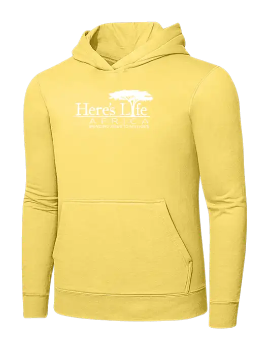 Light Yellow 7.8. oz Ring Spun Hooded Sweatshirt w/Here's Life Africa Logo