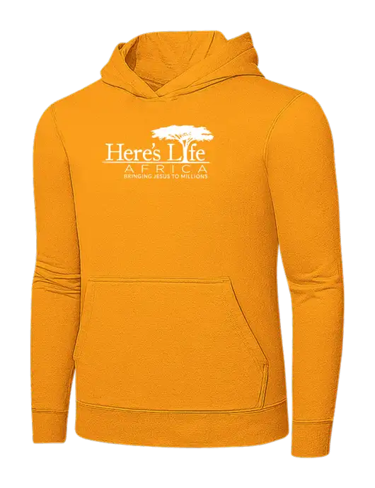 Yellow Gold 7.8 oz Ring Spun Hooded Sweatshirt w/Here's Life Africa Logo