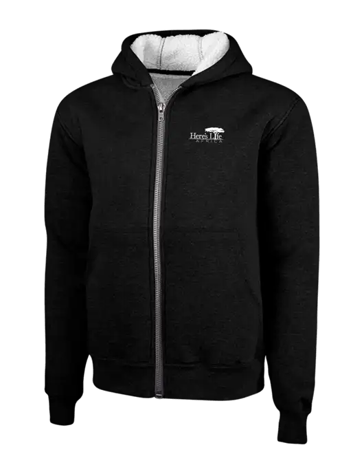Cornerstone Black Heavyweight Sherpa Lined Hooded Fleece Jacket w/Here's Life Africa Logo