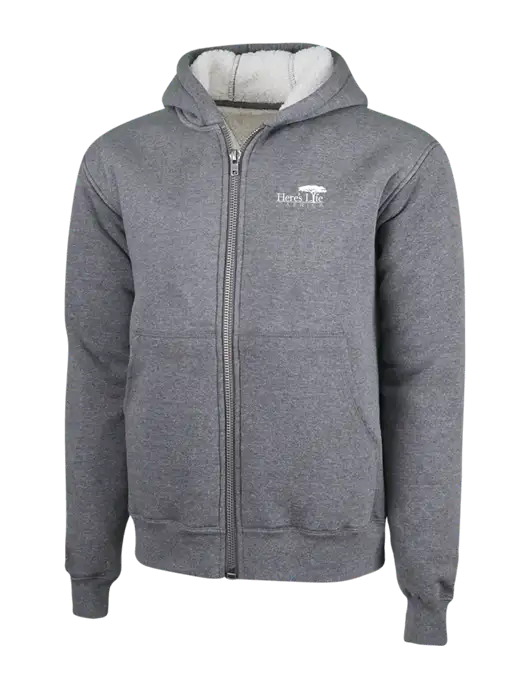 Cornerstone Grey Heather Heavyweight Sherpa Lined Hooded Fleece Jacket w/Here's Life Africa Logo