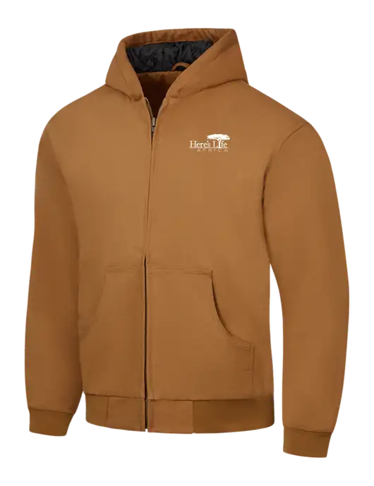 CornerStone Light Brown Duck Cloth Hooded Work Jacket w/Here's Life Africa Logo