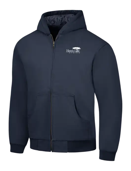 CornerStone Navy Duck Cloth Hooded Work Jacket w/Here's Life Africa Logo
