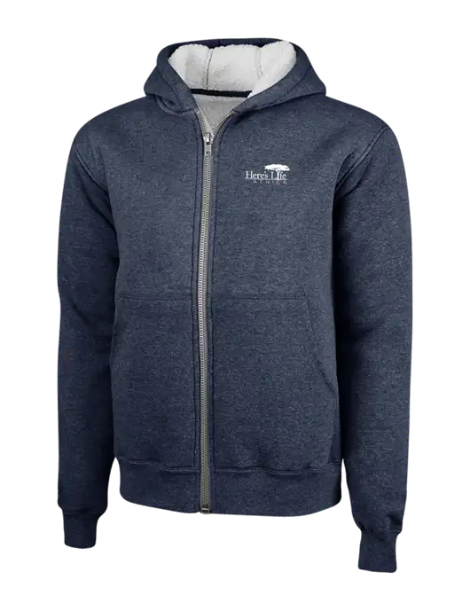Cornerstone Navy Heavyweight Sherpa Lined Hooded Fleece Jacket w/Here's Life Africa Logo