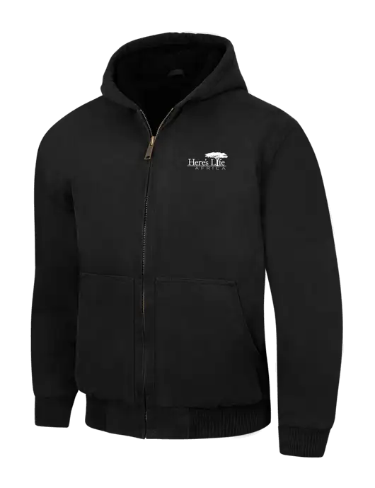 CornerStone Black Washed Duck Cloth Insulated Hooded Work Jacket w/Here's Life Africa Logo