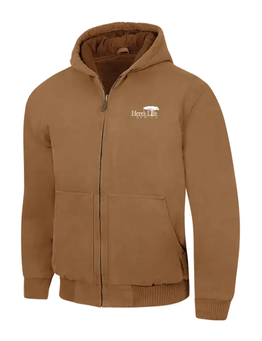 CornerStone Light Brown Washed Duck Cloth Insulated Hooded Work Jacket w/Here's Life Africa Logo