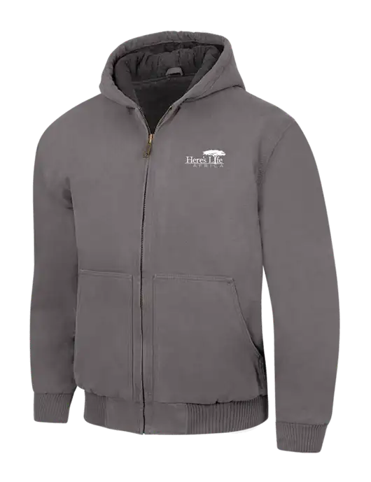 CornerStone Medium Grey Washed Duck Cloth Insulated Hooded Work Jacket w/Here's Life Africa Logo