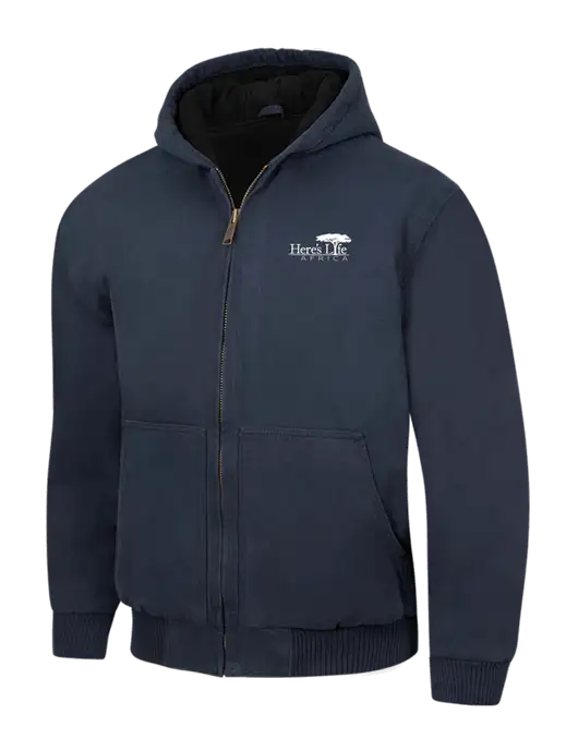 CornerStone Navy Washed Duck Cloth Insulated Hooded Work Jacket w/Here's Life Africa Logo