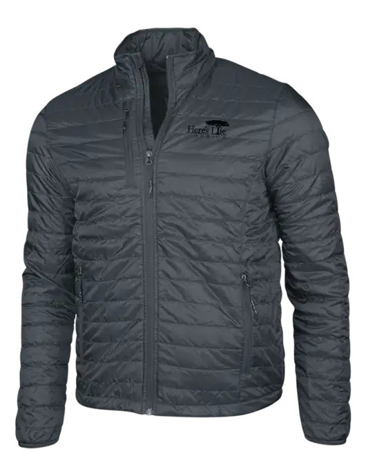 Dark Grey Puffy Packable Jacket w/Here's Life Africa Logo