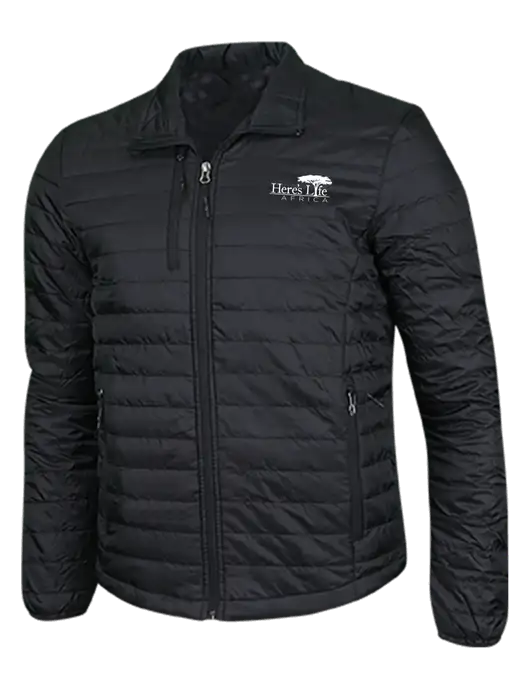 Deep Black Puffy Packable Jacket w/Here's Life Africa Logo