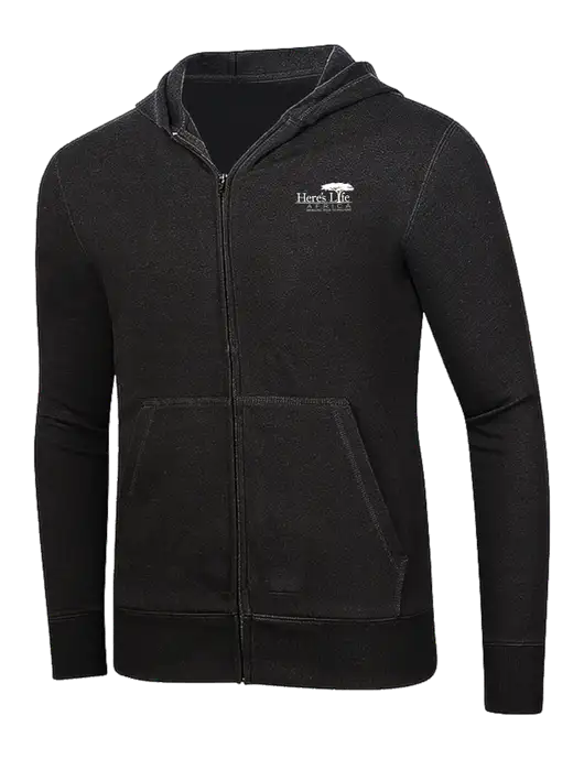Full-Zip Black Heavyweight Hooded Sweatshirt w/Here's Life Africa Logo