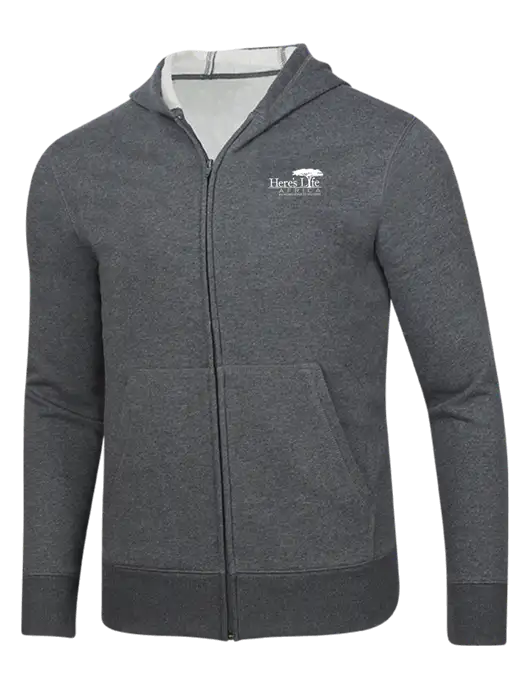 Full-Zip Dark Grey Heather Heavyweight Hooded Sweatshirt w/Here's Life Africa Logo