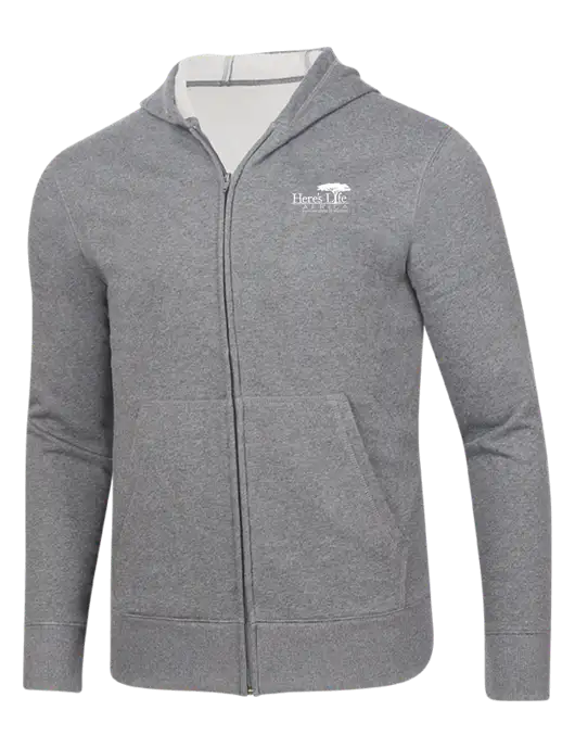 Full-Zip Medium Grey Heather Heavyweight Hooded Sweatshirt w/Here's Life Africa Logo