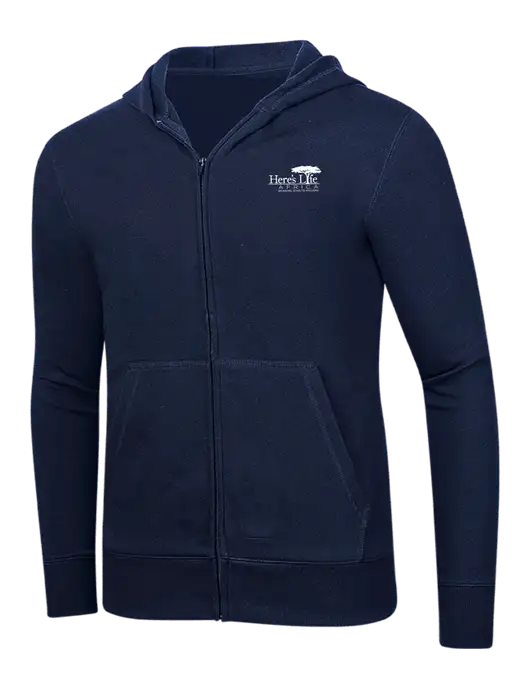 Full-Zip Navy Heavyweight Hooded Sweatshirt w/Here's Life Africa Logo