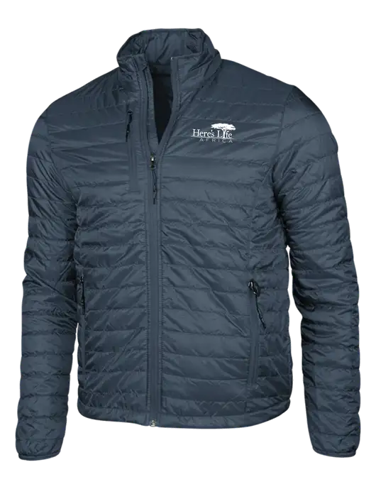 Navy Puffy Packable Jacket w/Here's Life Africa Logo