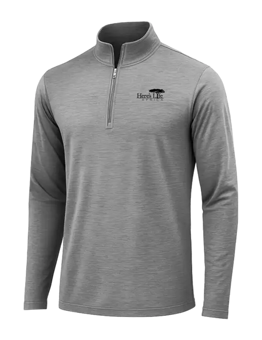 Dark Grey Heather Posicharge Tri-Blend Wicking 1/4 Zip Pullover w/Here's Life Africa Logo