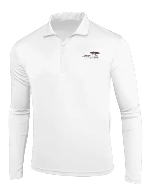 White PosiCharge Competitor 1/4 Zip Pullover w/Here's Life Africa Logo