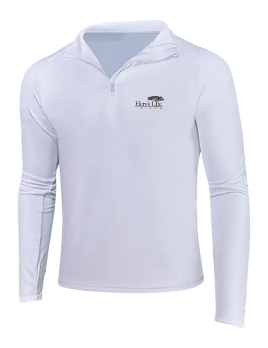 White Sport Wick Stretch 1/4 Zip Pullover w/Here's Life Africa Logo