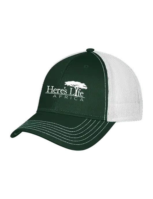 Dark Green/White Mesh Trucker Cap Snap Back w/Here's Life Africa Logo
