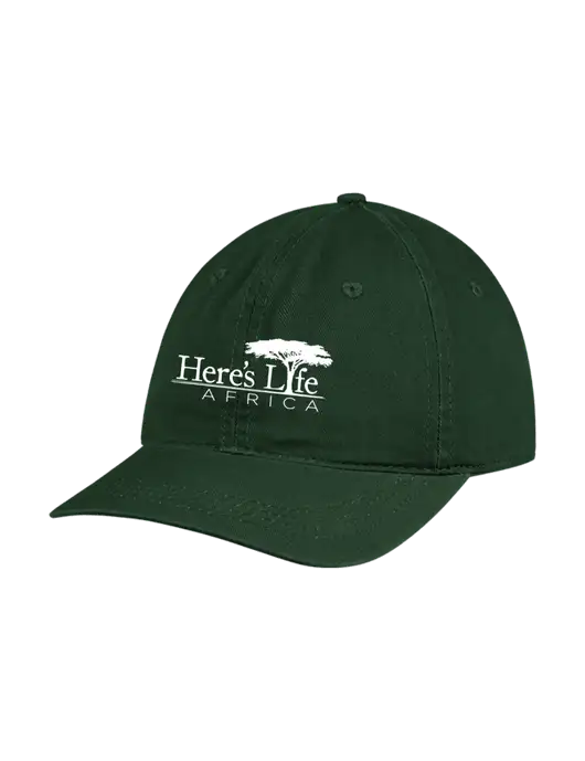 Garment Washed Unstructured Twill Dark Green Cap w/Here's Life Africa Logo