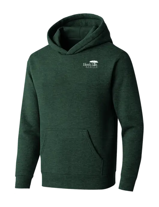 BELLA+CANVAS Heather Forest Sponge Fleece Pullover Hoodie w/Here's Life Africa Logo