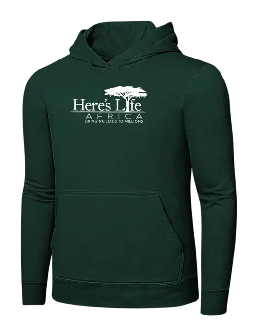 Dark Green 7.8 oz Ring Spun Hooded Sweatshirt w/Here's Life Africa Logo