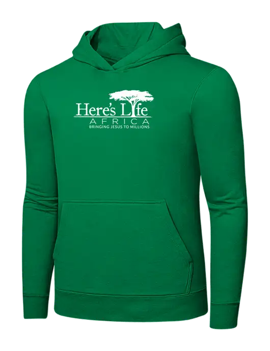 Dark Kelly Green 7.8 oz Ring Spun Hooded Sweatshirt w/Here's Life Africa Logo
