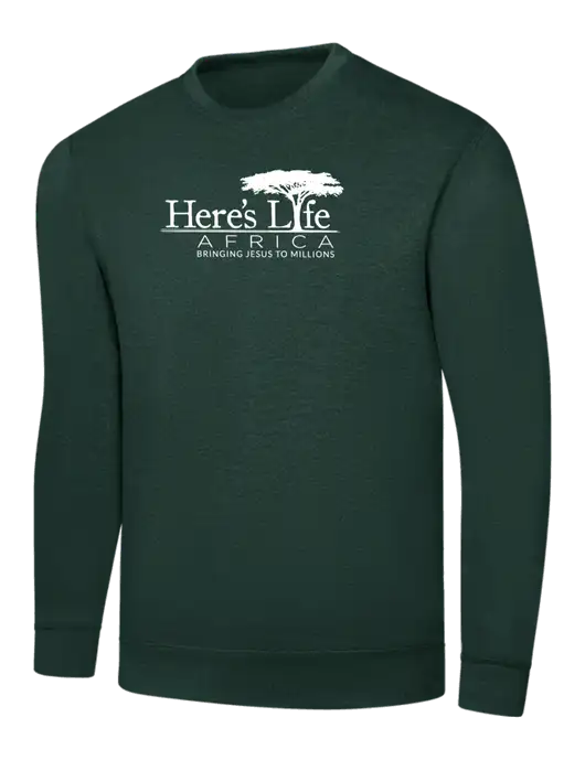 Dark Green 7.8 oz Ring Spun Crew Sweatshirt w/Here's Life Africa Logo