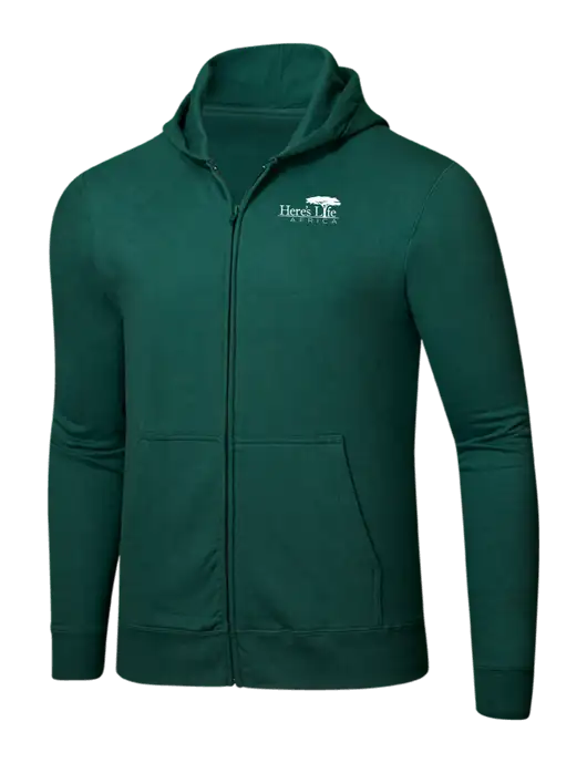 Forest Green 8.5 oz Ring Spun Zip Hooded Sweatshirt w/Here's Life Africa Logo