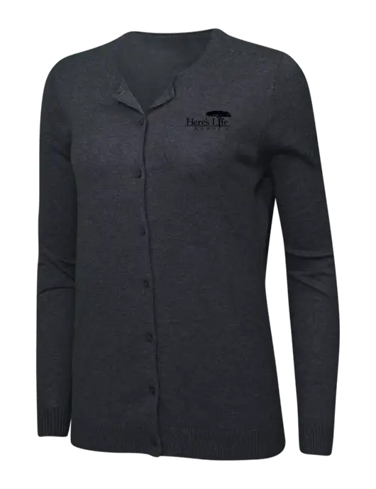 Charcoal Heather Womens Cardigan Sweater w/Here's Life Africa Logo