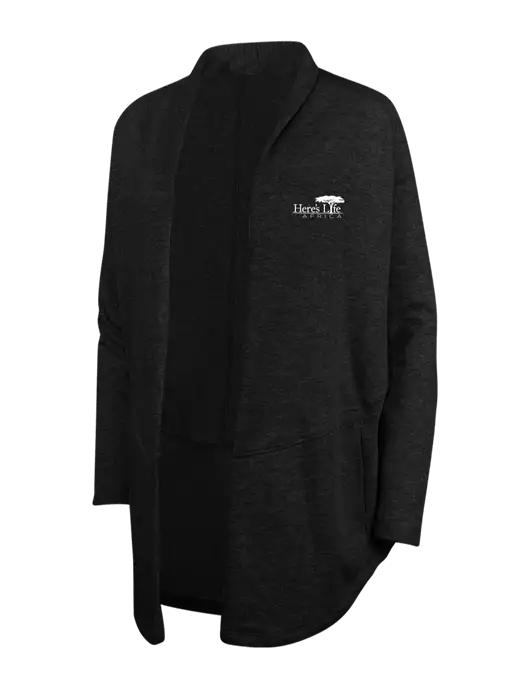 Deep Black/Charcoal Heather Womens Interlock Cardigan w/Here's Life Africa Logo