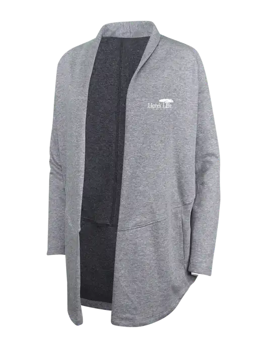 Medium Heather Grey/Char Heather Womens Interlock Cardigan w/Here's Life Africa Logo